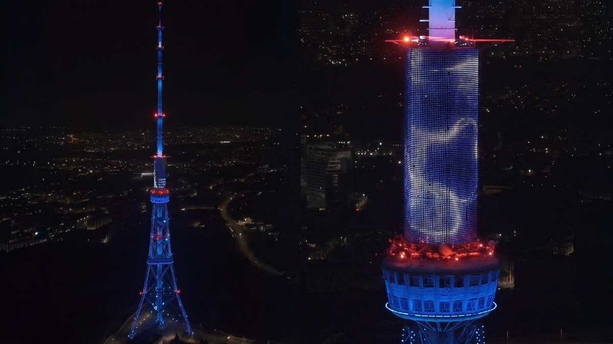 Red aviation safety lighting systems have been installed on the TV tower